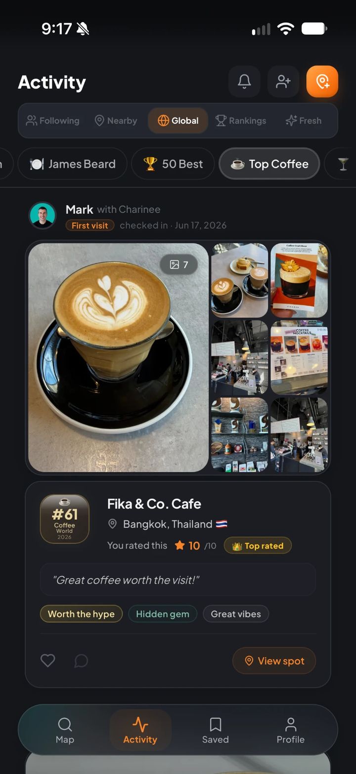 InstaTaste Activity screen showing a Top Coffee list and a community check-in at Fika & Co. Cafe in Bangkok rated 10 out of 10.
