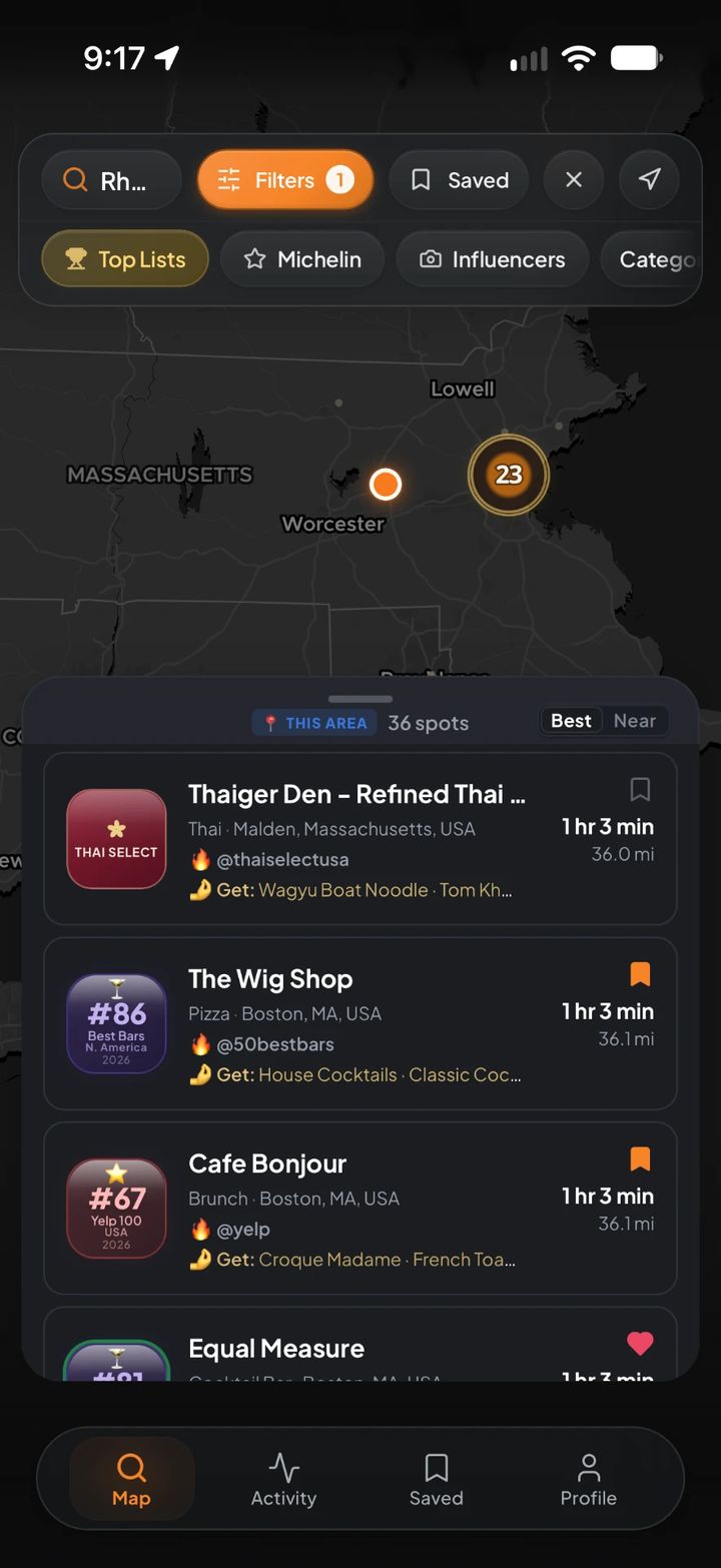 InstaTaste map screen showing Boston-area spots with Top Lists, Michelin and Influencers filters, and cards for Thai SELECT, Best Bars North America and Yelp Top 100 picks.