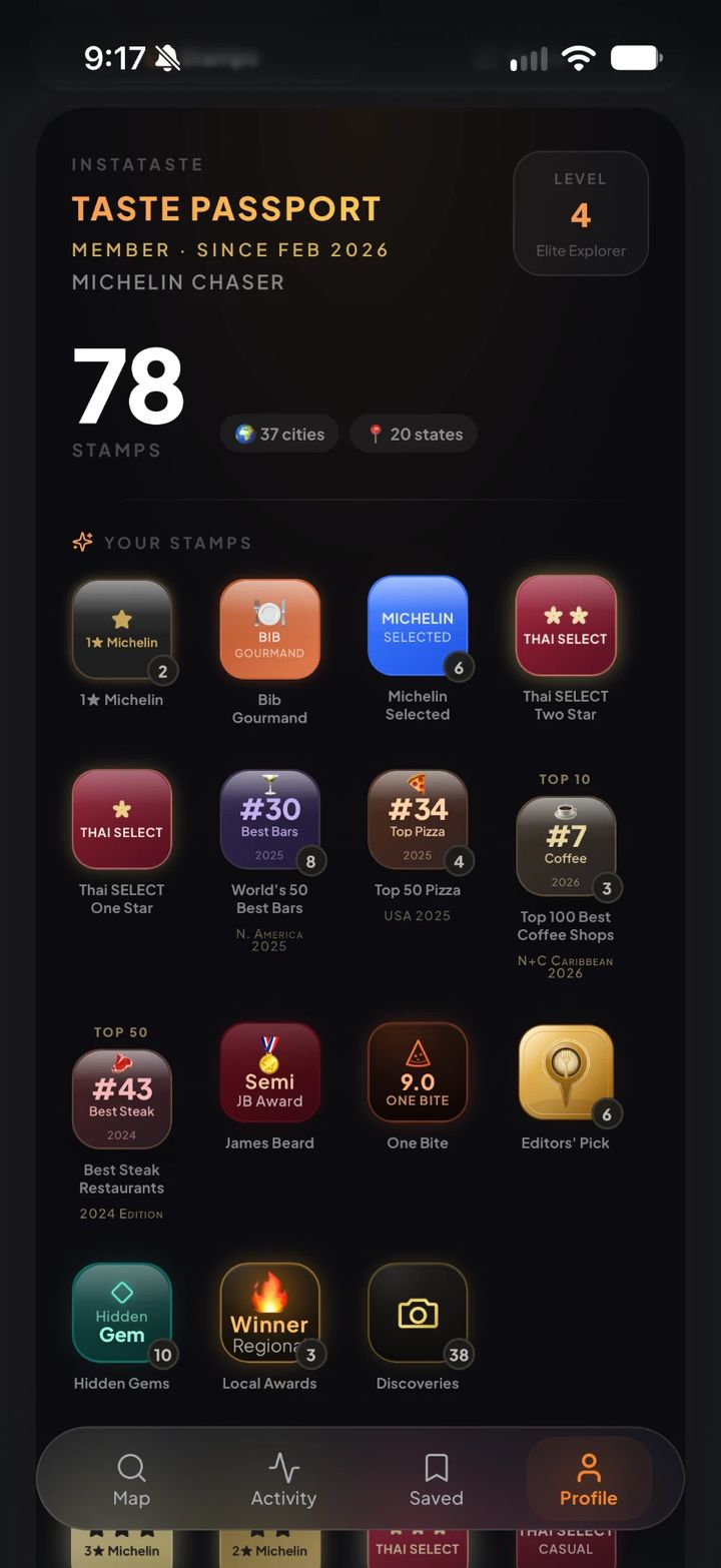 InstaTaste Taste Passport screen at Level 4 with 78 stamps and badges for Michelin, Thai SELECT, 50 Best, coffee, James Beard and hidden gems.